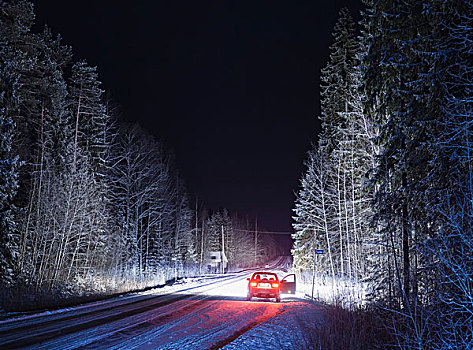 静止,汽车,敞门,雪,乡村道路,夜晚