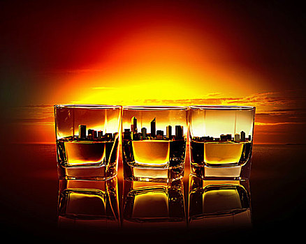 图像,三个,玻璃杯,威士忌,城市,插画