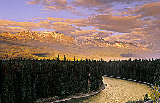 弓河,日出,班芙国家公园,艾伯塔省,加拿大