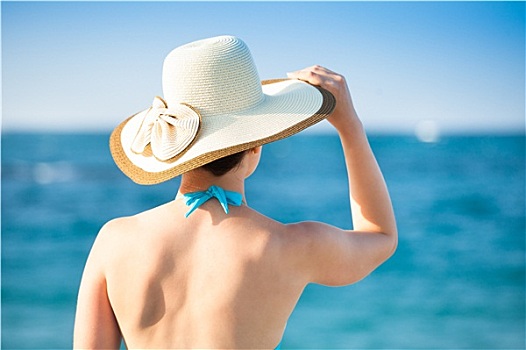 美女,穿,太阳帽,晴朗,海滩