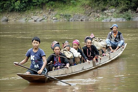 女人,阿卡族,人,衣服,传统服装,河,船,省,老挝,亚洲