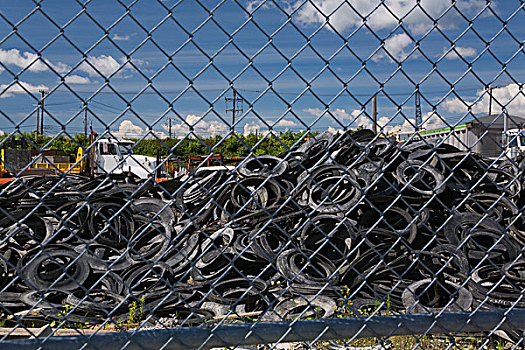 堆,橡胶,轮胎,后面,安全,栅栏,蒙特利尔,魁北克,加拿大