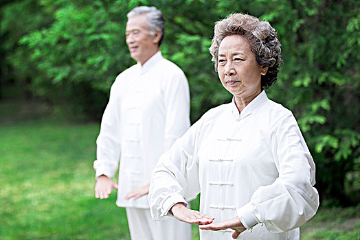 站在草地上练武的老年男女