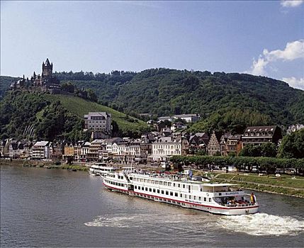 船,游览船,摩泽尔河,山,建筑,城堡,科赫姆,德国,欧洲