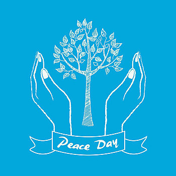 平和,白天,象征,关心,树,两只,手,矢量,插画,隔绝,蓝色背景,背景,防护,植物