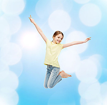 高兴,活动,孩子,概念,微笑,小女孩,跳跃