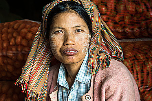女人,脸,土豆,丰收,头像,靠近,宾德雅,分开,掸邦,缅甸,亚洲