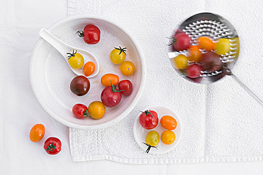多样,不同,色彩,西红柿,瓷器,碗,排干,勺子