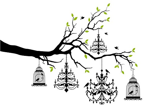树,吊灯,鸟笼