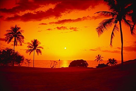 夏威夷,夏威夷大岛,柯哈拉海岸,莫纳克亚海滩度假村,莫纳克亚,高尔夫球场,鲜明,红色,日落