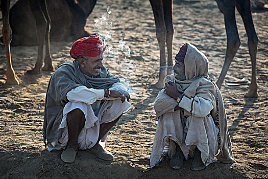 两个男人,休息,普什卡,骆驼,市集,拉贾斯坦邦,印度,亚洲