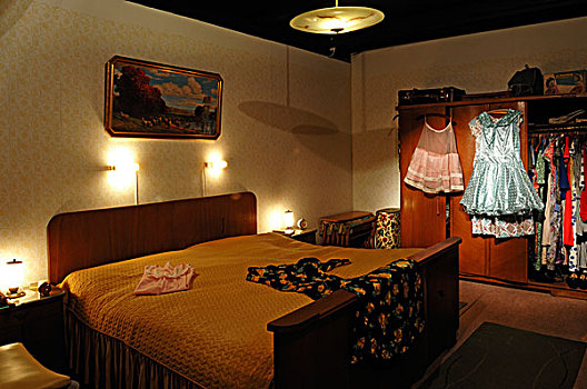 卧室,20世纪50年代,展示,德国,盐,博物馆,吕内堡,下萨克森,欧洲
