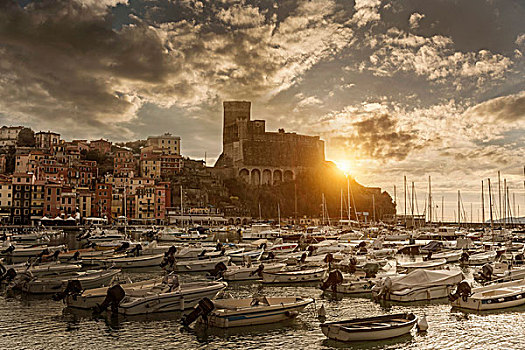 风景,港口,游艇,城堡,日落,利古里亚,意大利