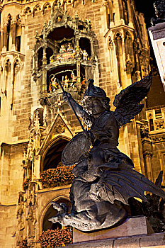 雕塑,照亮,市政厅,塔,钟琴,背景,夜晚,慕尼黑,德国