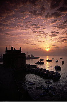 船,港口,日落,孟买,印度