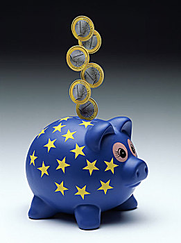 欧元硬币,模型,落下,欧洲,蓝色,存钱罐,黄色,星