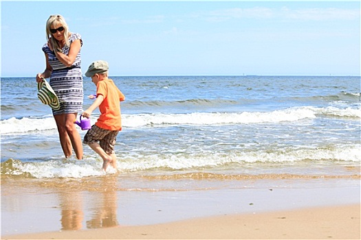 高兴,母亲,儿子,玩,海滩