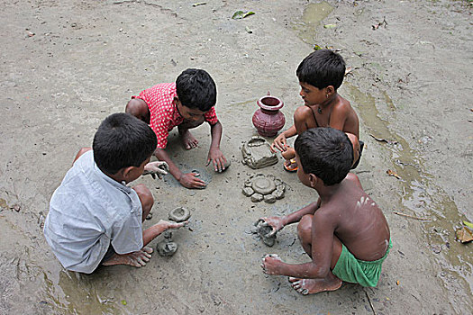 乡村,孩子,玩,泥,孟加拉,十月,2008年