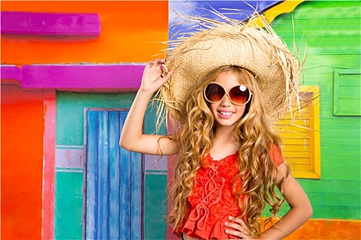 金发,孩子,高兴,游客,女孩,沙滩帽,墨镜