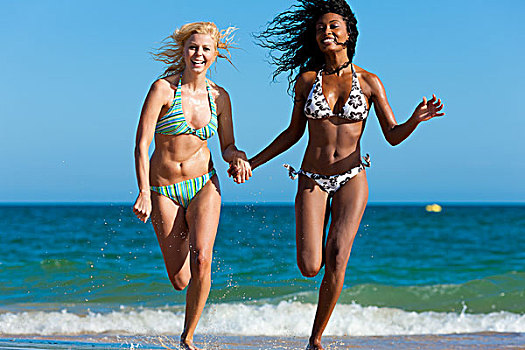 朋友,两个女人,海滩,许多,有趣,度假,跑,水
