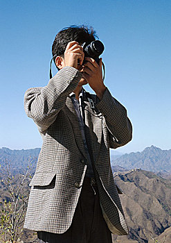 男人,相机,山,背景