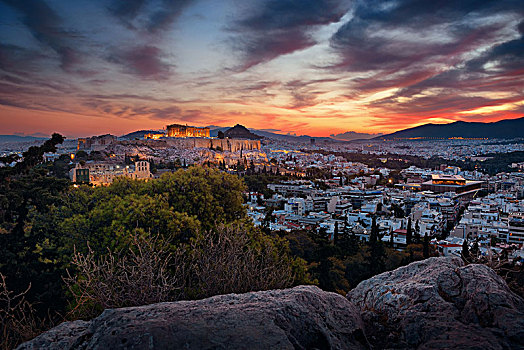 雅典,天际线,日出,云,山顶,希腊