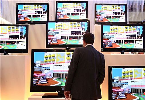 顾客,看,平板电视,2007年,消费电子产品,无边无际,柏林,德国,欧洲