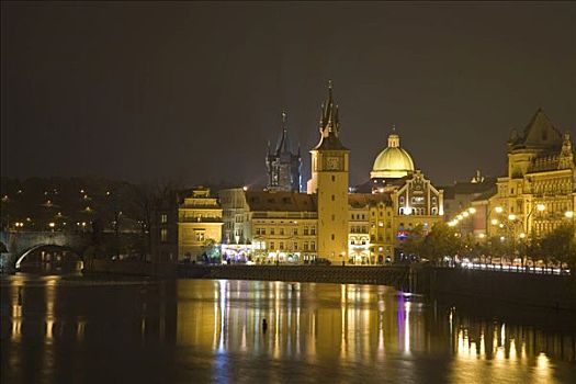 夜景,伏尔塔瓦河,水边,查理大桥,布拉格