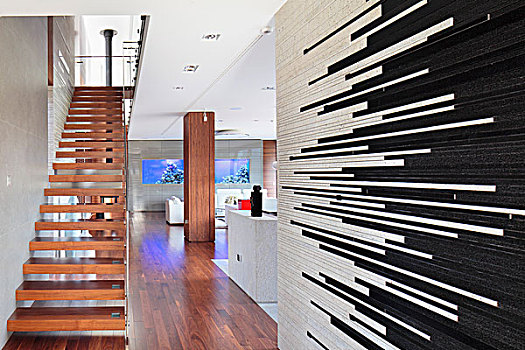 楼梯,坚实,木质,现代,室内,分隔,黑白,细条,砖瓦,前景