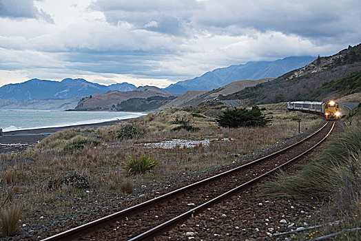 接近,列车,景色,海洋,山,背景,东海岸,新,南岛,新西兰