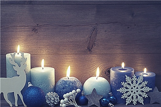 旧式,圣诞贺卡,蓝色,蜡烛,驯鹿,球