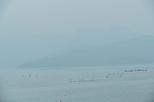 远山,网箱,船,风景,水,反光