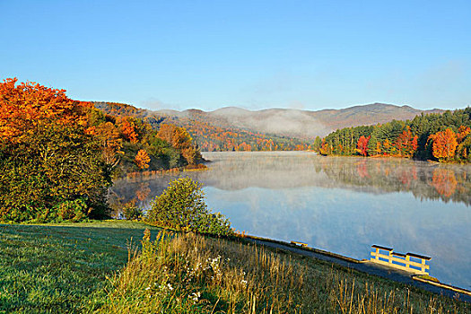 湖,雾,公园,秋叶,山,反射,新英格兰