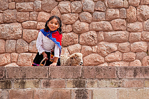南美,秘鲁,库斯科市,女孩,绵羊,石墙,世界遗产