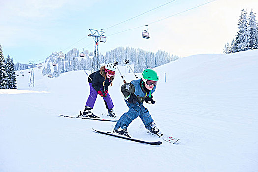 少女,兄弟,滑雪,滑雪坡,瑞士