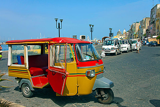 彩色,猿,出租车,特色,意大利,三轮车,汽车,码头,大,普罗奇达,那不勒斯湾,坎帕尼亚区,欧洲