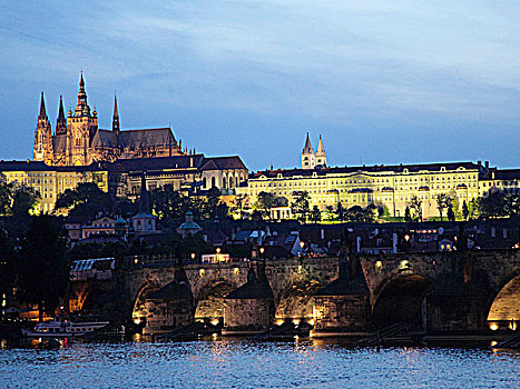 捷克共和国,布拉格,城堡区,天际线,伏尔塔瓦河,查理大桥