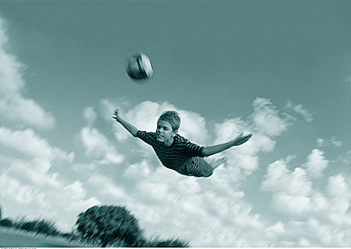 男孩,空中,足球