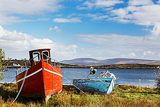 两个,木质,船,红色,蓝色,草,岸边,湾,背景,云,蓝天,戈尔韦郡,爱尔兰