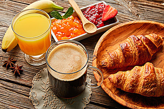 早餐,牛角面包,咖啡,橙汁