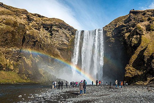 人,瀑布,彩虹,南,冰岛,欧洲