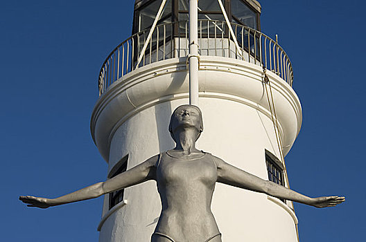 英格兰,北约克郡,斯卡伯勒,美女,雕塑,展示,靠近,灯塔,码头