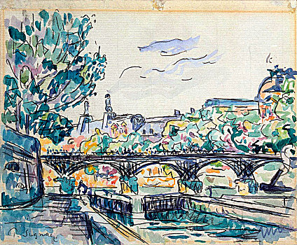 堤岸,赛纳河,靠近,艺术桥,风景,卢浮宫,早,20世纪,艺术家