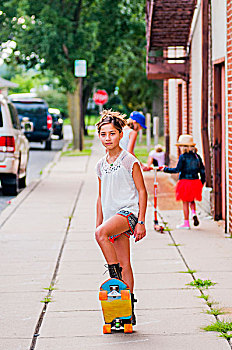 女孩,头像,滑板,人行道