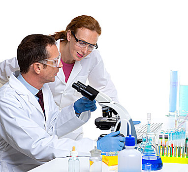 化学品,实验室,两个,科学家,工作,试管,显微镜