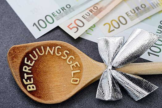 木勺,文字,德国,意大利面,靠近,欧元,货币