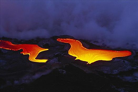 夏威夷,夏威夷大岛,夏威夷火山国家公园,绳状熔岩,发光,熔岩流,河,烟,背景