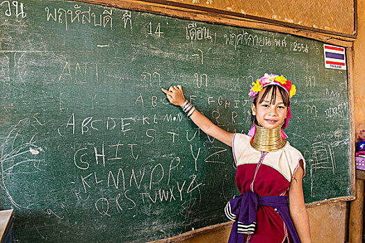 女孩,颈部,戒指,学校,女人,女生,指点,黑板,清莱,省,北方,泰国,亚洲