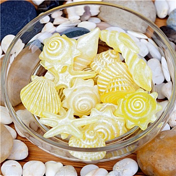 黄色,肥皂,形状,壳,海星,许多,小,石头