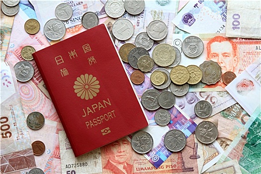 日本,护照,钞票,硬币